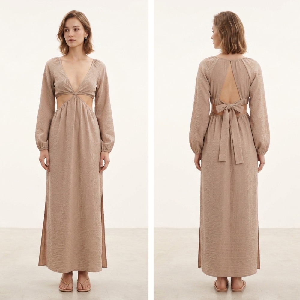 Floret Studios Maxi Dress Womens Medium Tan Cutout Open Back Tie Side Slit Boho